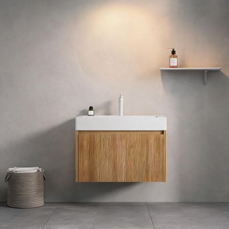 Vasque suspendue 70 cm en résine blanc chêne avec meuble (1/5)