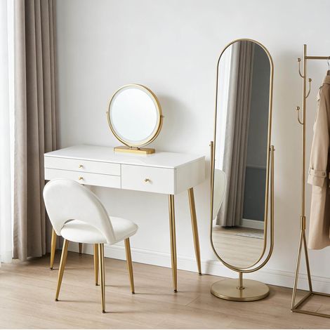 Toeletta trucco 100x40x122 cm, specchio rotondo con LED regolabile, 3 cassetti, con sgabello, MDF metallo bianco oro (1/5)
