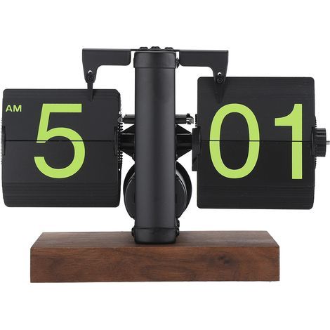 Digital rocking clock, 12 hours, single-sided, large numerals, automatic, retro, mechanical, wooden base, for the living room, frosted black frame, green page (1/5)