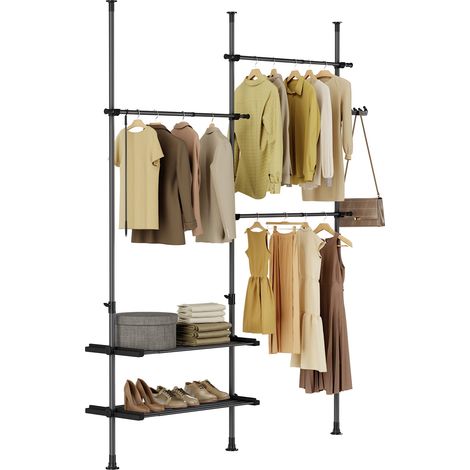 SoBuy FRG34-II-SCH, Telescopic Appendiabiti da Terra, Robusto Stand Appendiabiti con Aste e Ripiani, Armadio Aperto Regolabile per Camera da Letto, Porta Abiti Nero