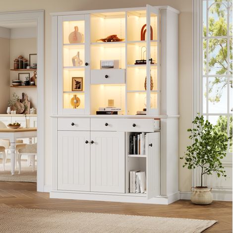 Vetrina 119.5x40x180 cm, 21 vani e 4 cassetti, LED con app Bluetooth, MDF e vetro temperato, bianco (1/5)