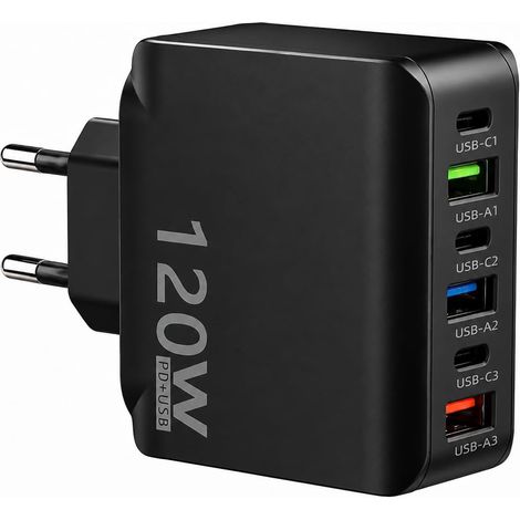 120W Chargeur USB C Multiple 6 Ports USB-C et USB-A Mural Adaptateur Secteur Charge Rapide PD20W pour iPhone 16 15 14 Pro Max Samsung S22 S21 S20 Tablet Handy Laptop Noir (1/4)