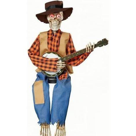 Banjo squelette animé effrayant pour décoration Halloween, instrument de musique osseux avec mouvement, accessoire de fête, style squelettique, taille standard, pièce unique. (1/3)