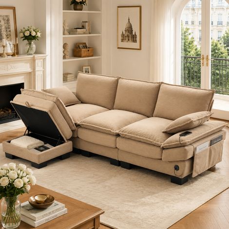 Canapé Modulable 3 Places en Velours Côtelé avec Pouf Coffre Kaki 260 x 132 x 84 cm - PANGIVO (1/5)