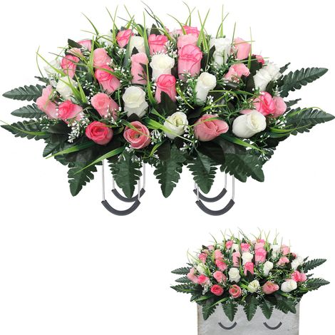 Arreglo floral artificial para tumbas, resistente a la intemperie, dura 3 meses (rosa y blanco). (1/5)