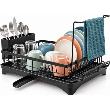 Relaxdays Dish Drainer, Cutlery Basket, Drip Tray with Drain, Tea Towel Rail, HWD: 27.5 x 51 x 29.5 cm, Black (1/5)