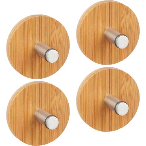Set mit 12 runden Klebehaken für Wände, Bad und Küche, aus Edelstahl und Bambus, Küchenhandtuchhalter, Naturfarbe. (1/4)