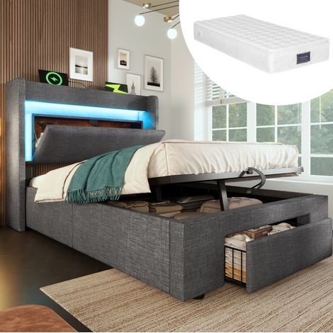 Bett 90x200 Stauraum LED USB-C Matratze Grau HAVRYA (1/5)