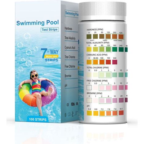 Lot de 100 bandelettes de test pour piscine - pH et chlore 7 en 1 - Dureté de l'eau - pH total - Chlore libre - Alcalinité totale, brome, acide cyanurique (1/5)