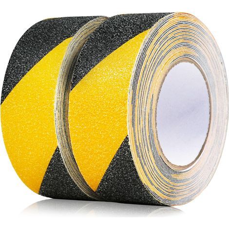 2-pack, Black and yellow anti-slip tape, 5cm x 10m, Anti-slip strips for outdoor stairs, Yellow and black, for stair warnings, steps, and flooring (1/4)