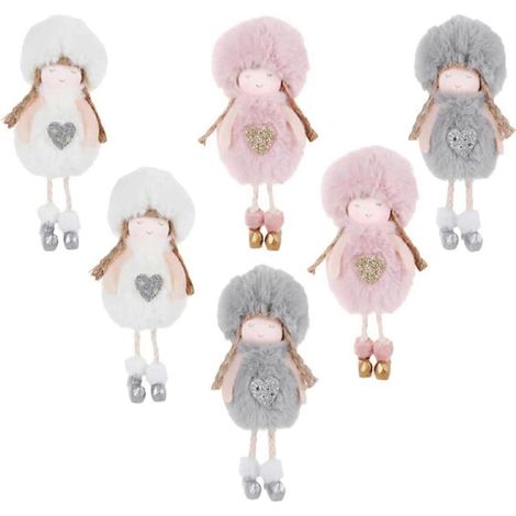 Lot de 6 décorations de Noël, pendentifs en peluche en forme d'ange à suspendre pour décorations de Noël (blanc, rose, gris) (1/5)