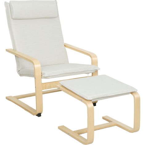 Fauteuil avec repose-pieds, fauteuil de lecture à dossier haut, appui-tête amovible, pieds en bois et revêtement en lin crème (1/4)
