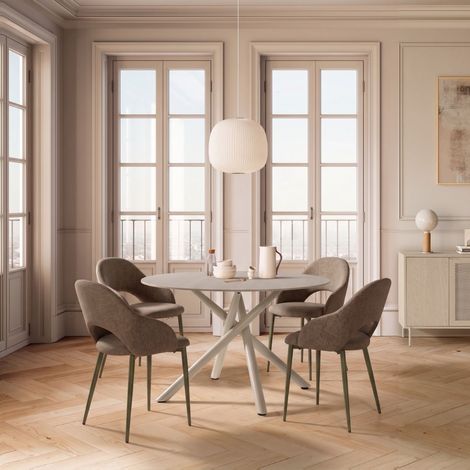Table ronde crème + 4 chaises vertes design pieds métal vert - AXELLE (1/5)