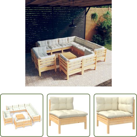 Terrassensofa - 12-tlg. Garten-Lounge-Set mit Creme Kissen Massivholz Kiefer (1/5)