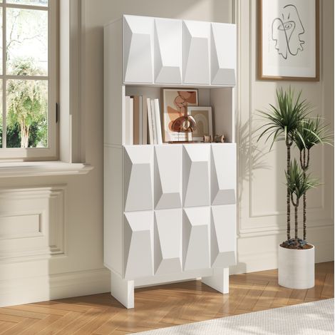 Hohe weiße Vitrine aus Spanplatte mit 4 Türen und verstellbarem Einlegeboden (1/5)