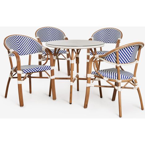 SKLUM Brielle Bistro rundes Tischset, Ø80 cm, und 4 stapelbare Esszimmerstühle aus Aluminium mit Armlehnen. Ken Blau - Gardenia Weiß                                  
