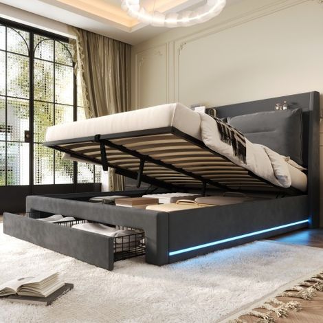 LED luminoso capitonnè, 140190, illuminato idraulico, cassettiera 2 in 1 in prossimità della luce, bande luminose LED incastonate su due côtés du lit, sommier à lattes, sans matelas, velours, gris (1/5)