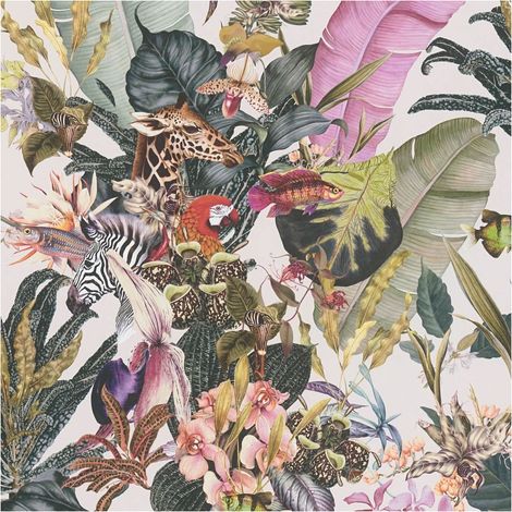 Animal pattern wallpaper wall Profhome 381763 smooth non-woven non-textured wallpaper with jungle elements matt cream green yellow pink 5.33 m2 (1/5)