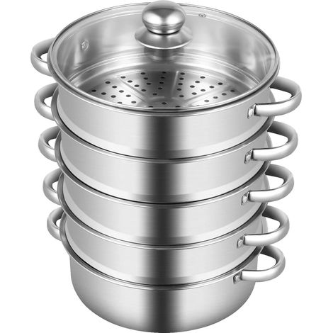 Vaporera, capacidad de 4 niveles, compatible con todas las placas de cocina, color plata. (1/2)