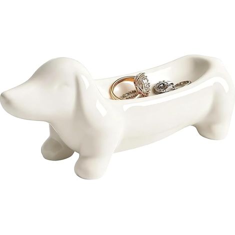 Plateau Bijoux Teckel Céramique Blanc Vide Poche Entree Coupelle pour Rangement Clés et Objet Decoration Design Chiens (1/5)