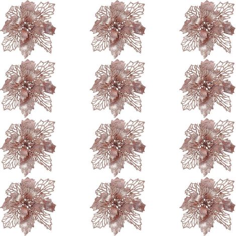 Lot de 12 décorations de sapin de Noël : poinsettias pailletés, fleurs artificielles creuses, rose doré-16x16cm-Golden