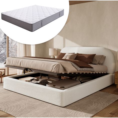 Lit double rembourré bouclé beige 180x200 cm avec tête de lit, sommier à lattes, coffre hydraulique et matelas inclus