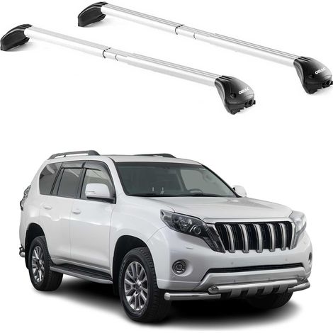 OMAC Barres de toit transversales certifiées TÜV pour Toyota Land Cruiser 200 2008-2021 5 Portes – Verrouillables (4 antivols) – Charge max 100 kg – Sangle inox + protection caoutchouc Argent (1/4)