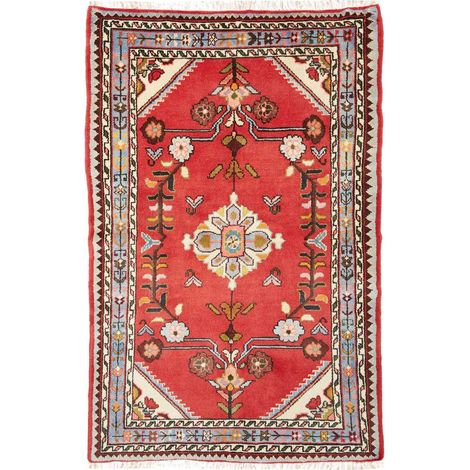Tapis d'orient 90 x 138 cm, motif oriental authentique, rouge, bleu et crème, laine naturelle, noué à la main (1/5)