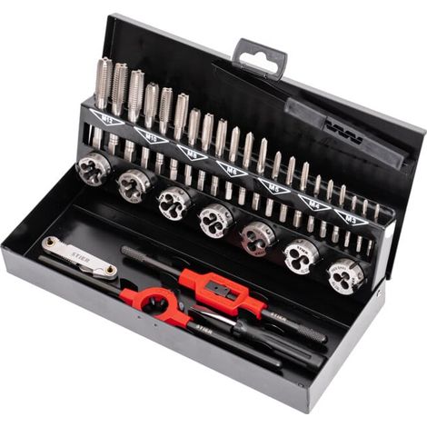 STIER Kit de filetage / kit de taraudage 32 pièces M3-M12 HSS-G, cassette en tôle d'acier selon DIN 1541, jeu de filetage, jeu de tarauds, boîte de taraudage