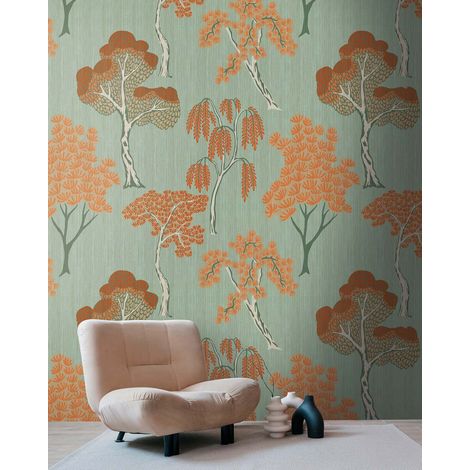 Papier peint intissé Arbres & Forêt Vert, Orange - 1,59 x 2,8 m (1/3)