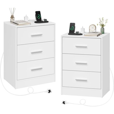 WOLTU 2x Simple 3-Drawer Nightstand Side Table with Charging Station for Living Room/Bedroom,White