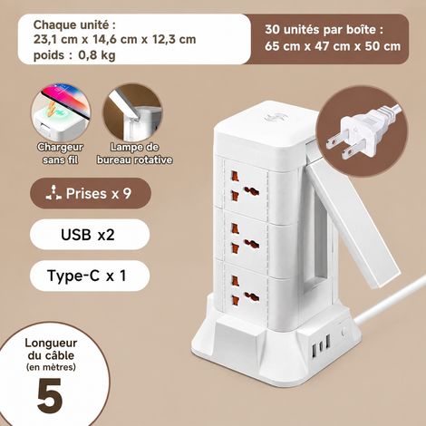 Multiprise tour verticale 3 niveaux 27 trous avec USB lampe charge sans fil câble 5 m blanche b23 5 27 9 14,5 × 12,5 × 23,5 cm 800 g – Livraison gratuite