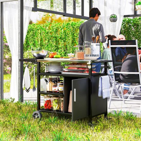 Carrito de jardín/carrito para barbacoa con tapa de acero inoxidable, estante plegable, ganchos, funda incluida, color negro.