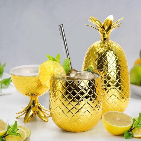 Lot de 2 gobelets ananas, tasses dorées ananas de 450 ml avec pailles extensibles, gobelets réutilisables pour fêtes hawaïennes (luau),-AquaForge (1/5)