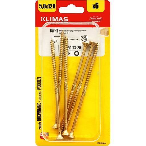 Vis Charpente Bois Klimas, 5 x 120 mm, Empreinte Torx, Tête Fraisée, Blister 6 Pièces (1/5)