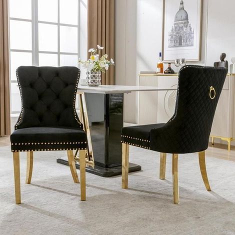 Lot de 2 chaises - KOMHTOM - KOMHTOM - Velours noir - Anneau rond - Pieds inox doré (1/5)