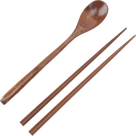 Ensemble de couverts portables en bois avec cuillère à long manche et baguettes, idéal pour le camping, les voyages et les repas en plein air. (1/5)