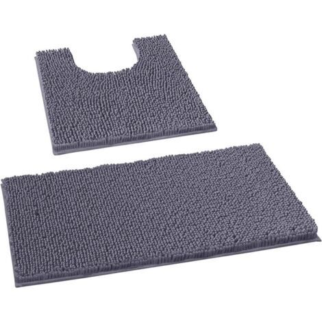 Pair Ensemble de tapis de bain 2 pièces en microfibre, tapis rectangulaire et tapis en U, couleur gris foncé (1/4)