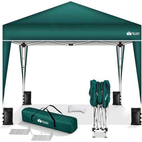 tillvex Pavillon 3x3m Grün wasserdicht Pop-Up Faltpavillon höhenverstellbar Gartenzelt UV Schutz 50+ Partyzelt mit Tasche für Garten