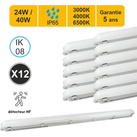 Lot 12 réglettes LED IP65 120cm 24/40W - 3CCT - détecteur mouvement - traversant - garantie 5 ans (1/5)
