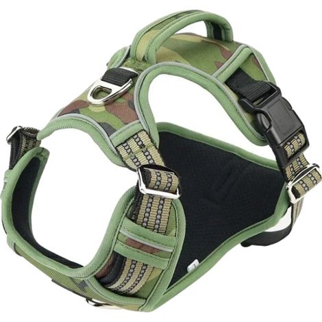 Arnés para perros, diseño antitirones, elementos reflectantes de seguridad, talla S, color verde camuflaje. (1/2)