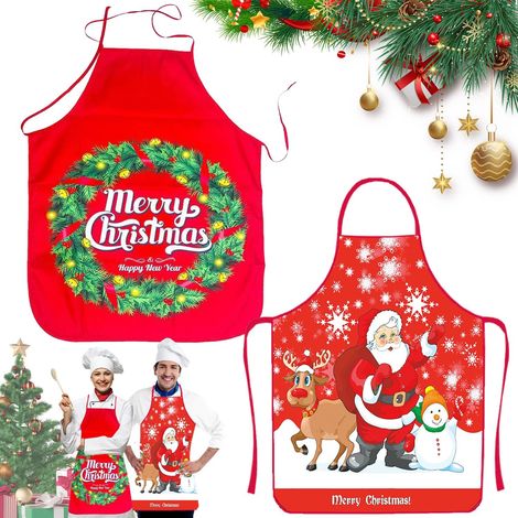 Set mit 2 roten Weihnachtsschürzen mit Weihnachtsmann-Aufdruck, für Partys, Küche, Backen und Dekorieren