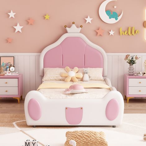 Lit enfant moelleux, 90 x 200 cm, tête de lit avec moulure, coutures bicolores, PU, facile à monter, blanc (livraison locale, garantie 2 ans). (1/5)