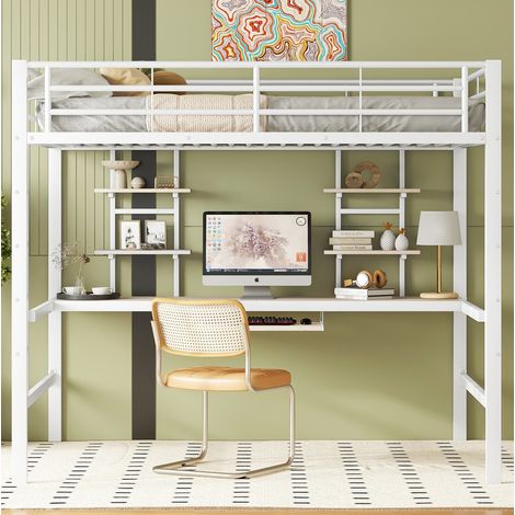 Hochbett 140x200 cm Weiß aus Metall und MDF mit Schreibtisch, Regalen und Leiter (1/5)