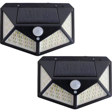 Lampe solaire d'extérieur pour jardin, applique murale à détection de présence, 100 LED rechargeables, éclairage domestique et public [100 lampes et trois fonctions] (lot de 2). (1/5)