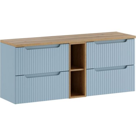 Set sospeso VANO blu denim e quercia chiara 140cm: mobile sotto lavabo con cassetti e nicchie visibili + piano per lavabo