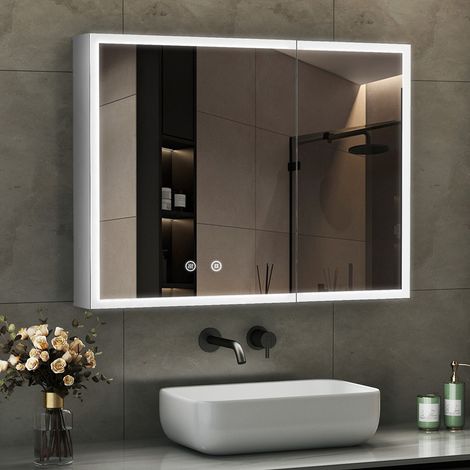 80 x 60 cm Weiß Spiegelschrank Bad mit Beleuchtung Badezimmer Spiegelschrank mit Beleuchtung Badezimmerschrank mit Spiegel bad Hängeschränke mit 3 Einstellbare Lichtfarben + Beschlagfrei (1/5)