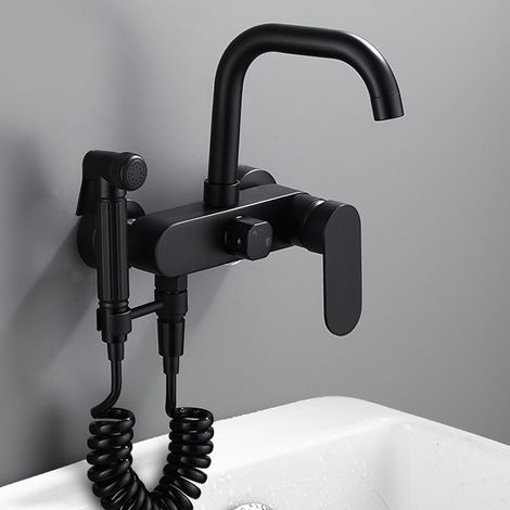 Multifunctional wall-mounted bathroom faucet with swivel shower head, dual hot/cold water use — black (1/5)