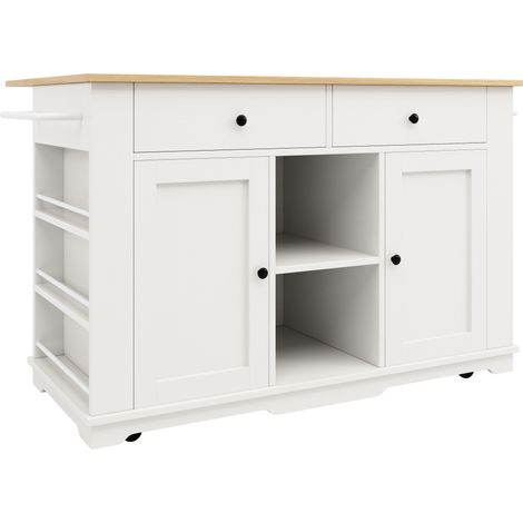 Îlot de cuisine avec prise électrique, plan de travail pliable et rangements en métal et MDF blanc (1/5)