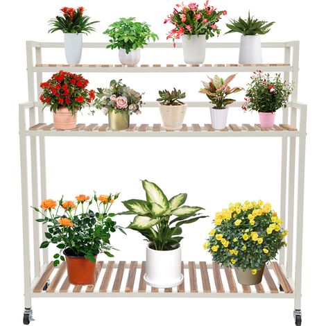 Chariot Plante 3 Niveaux Avec Roues Bois Pin et Acier Inoxydable avec Roues, Étagère Jardin Balcon Porte Plante sur Pied pour Fleurs Capacité 40KG Par Niveau Support Fleurs Mobile, Blanc (1/5)